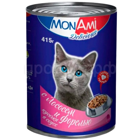 Кошки МонАми 415г лосось/форель соус ж/б 12шт/2201 ЧЗ