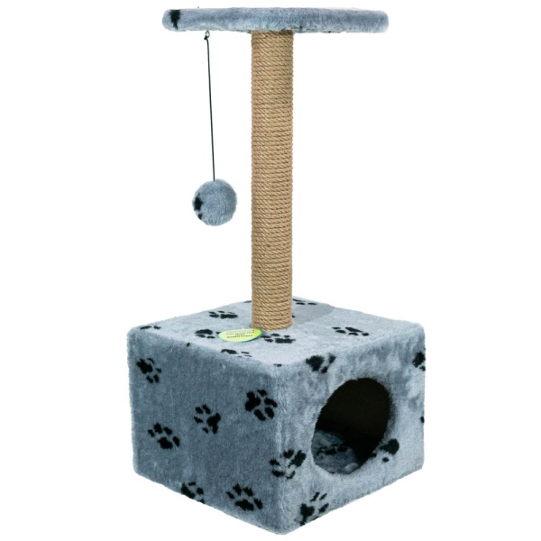 Когтеточка домик с полкой квадрат джут серый с игрушкой 35*35*77см/DONBARON