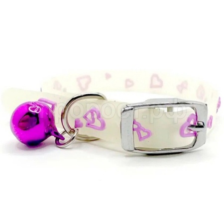 Ошейник ГЛАМУР светящийся с колокольчиком XS 1,0*29см сердечки контур фиолетовые